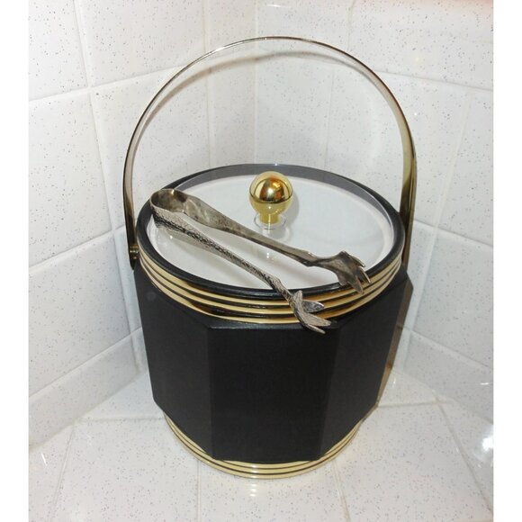 Vintage Preferred Stock Black Octagonal Ice Bucket w/ Gold Trim tongs mcm 1970s - Picture 2 of 9